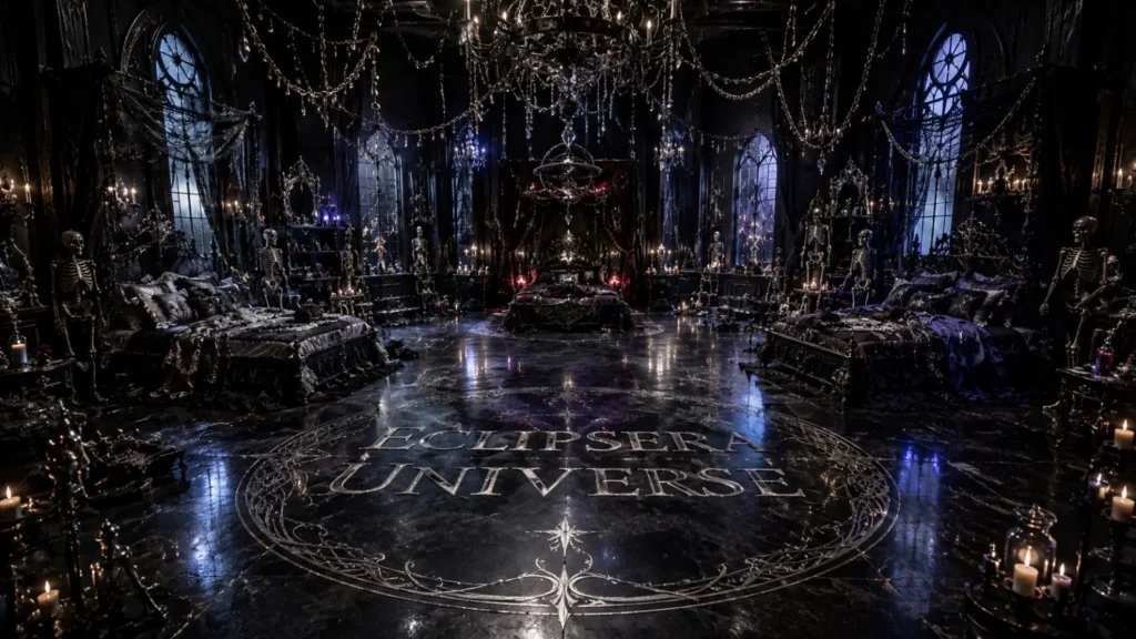 Gothic Eclipsera Universe set with skeletons, candles and black beds