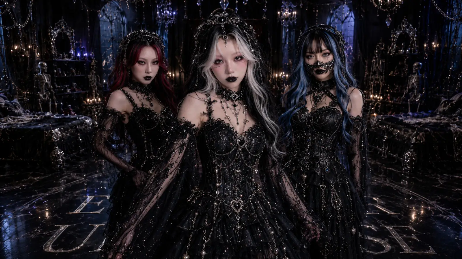 Liraex, Iris and Miko in black gothic outfits on the Wild video set