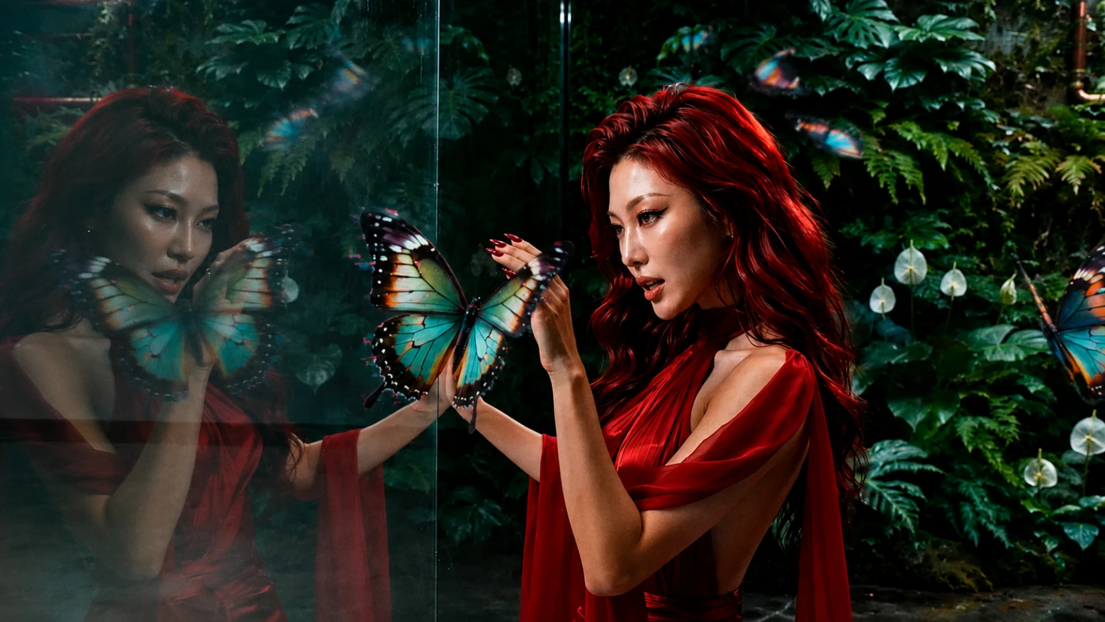 Iris reaches toward a large butterfly beside a glass wall surrounded by dense green plants.