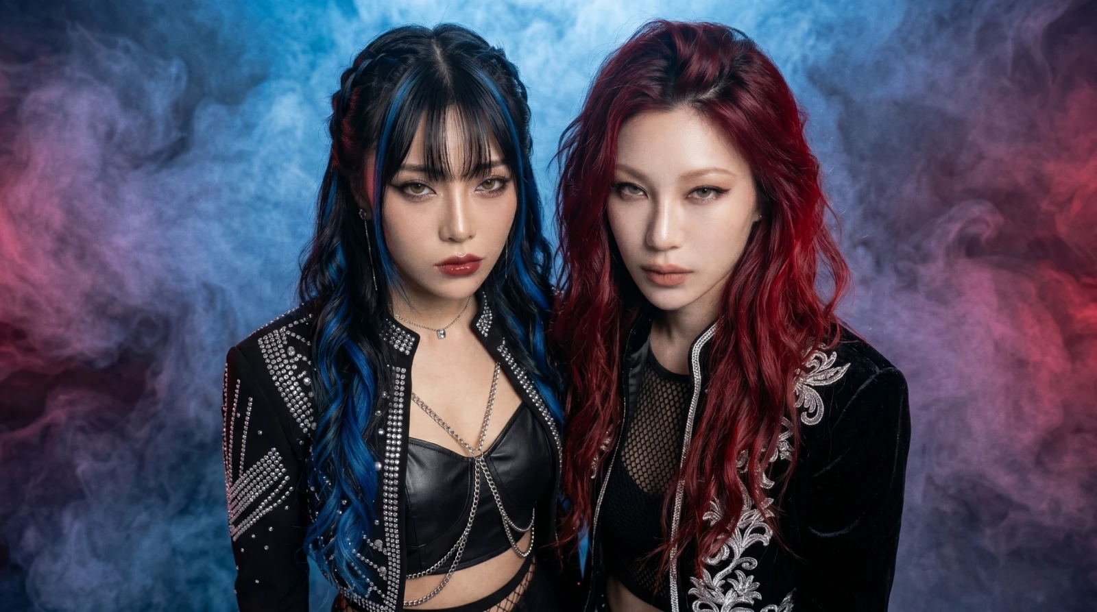Miko and Iris stand together against blue and red smoke during the Glitchy Butterflies performance shoot.