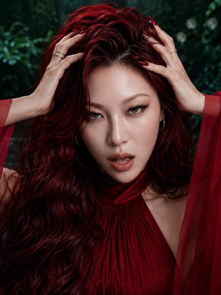 Close portrait of Iris with red hair wearing a flowing red outfit.