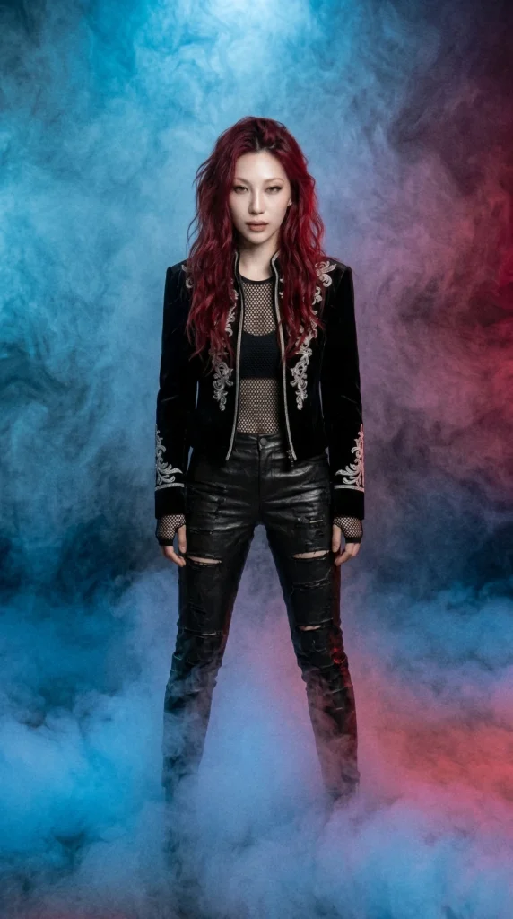 Iris stands in the blue and red smoky studio wearing black during the Glitchy Butterflies shoot.