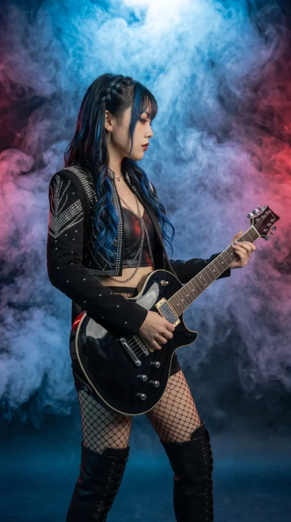 Miko plays a black electric guitar against blue and red smoke during the Glitchy Butterflies shoot.