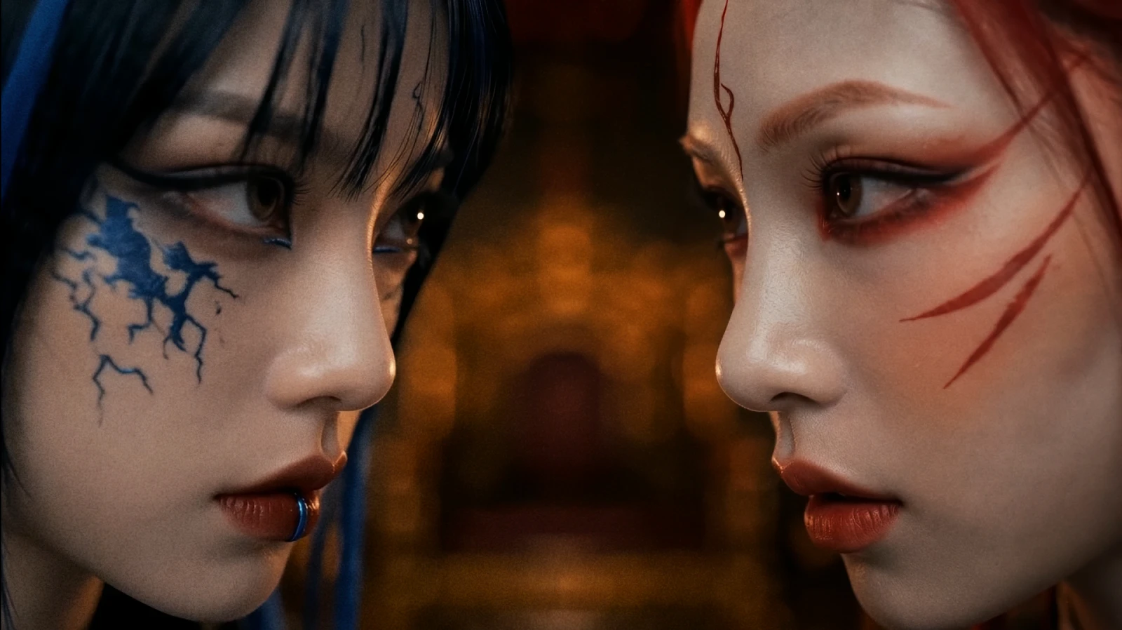 Close-up of Miko and Iris facing each other inside the dark temple setting of the Inside a Dream music video, with blue markings on Miko and red markings on Iris.