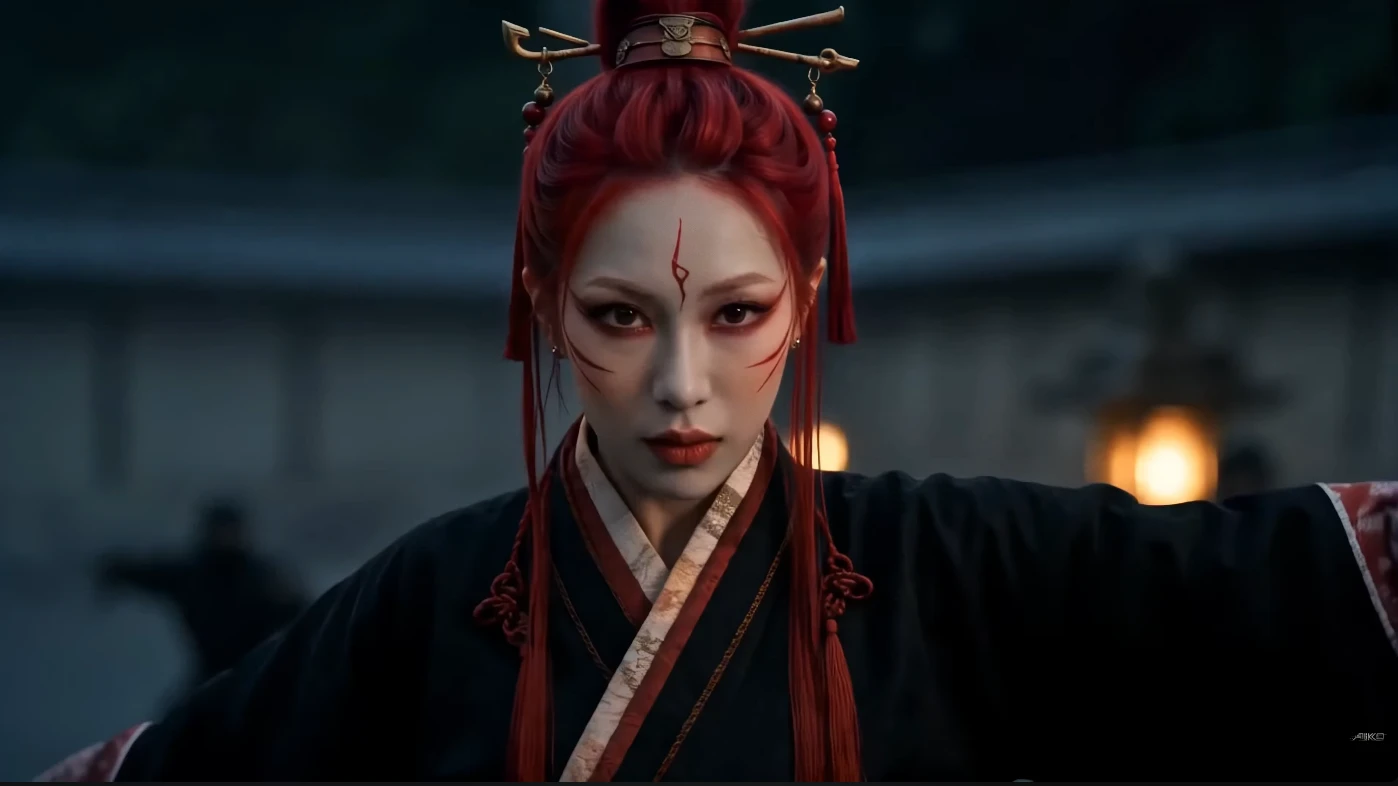 Iris in red and black costume in a scene from Inside a Dream
