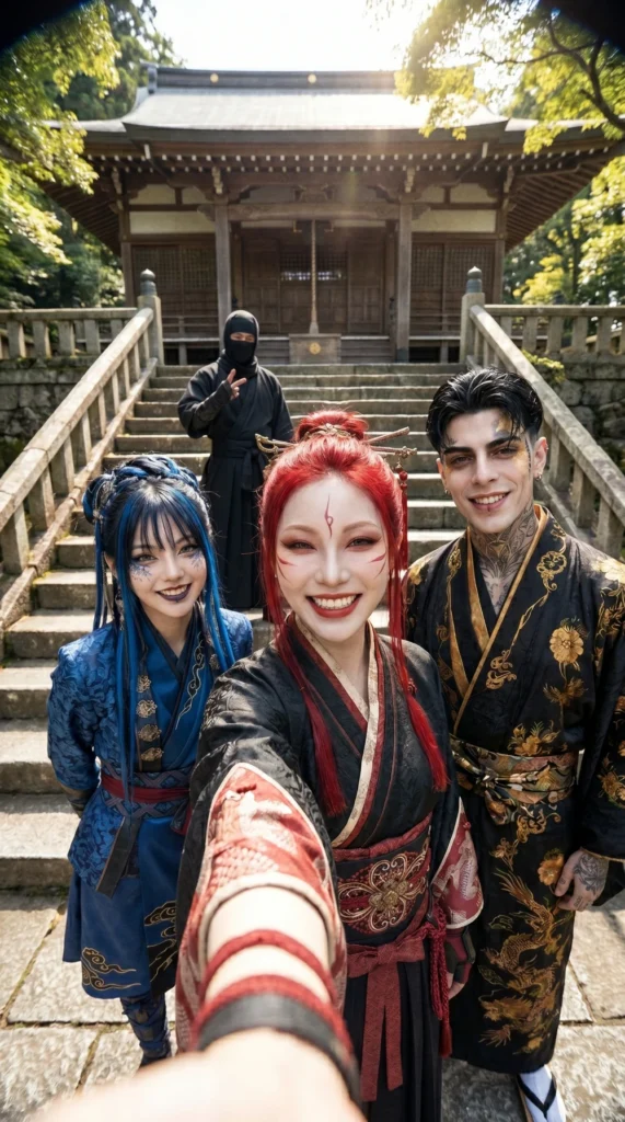 Iris taking a selfie with Miko, Stiles and a ninja outside a Japanese temple