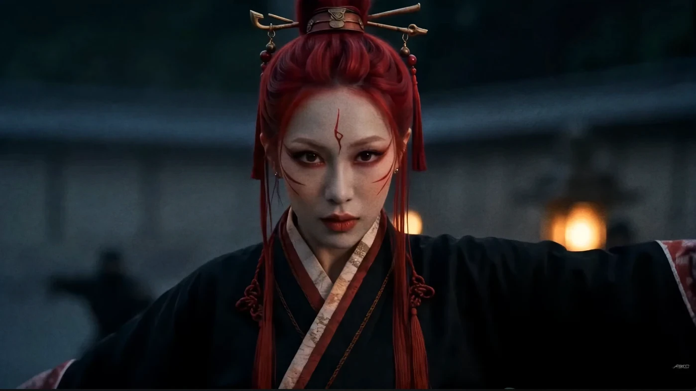 Iris with red hair and red facial markings held in a marionette pose inside the dark temple setting of the Inside a Dream music video.