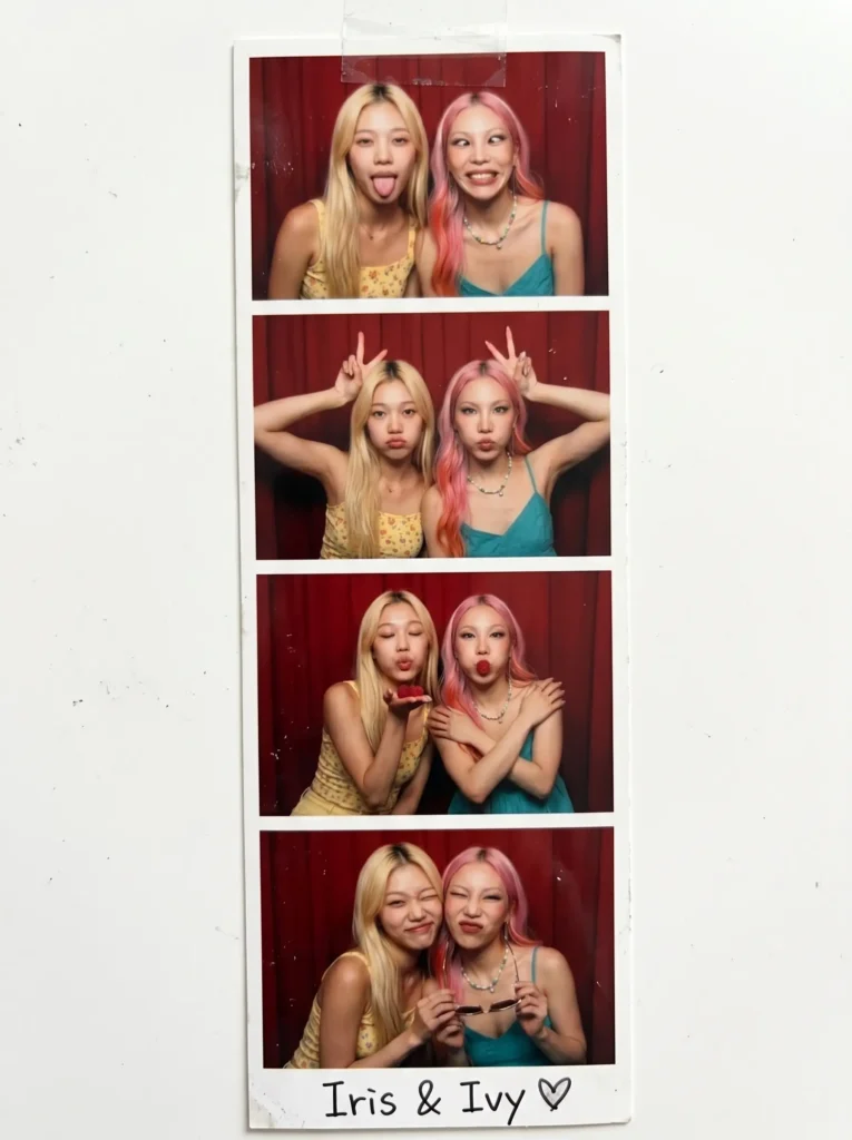 Iris and Ivy posing together in a four-frame photo booth strip