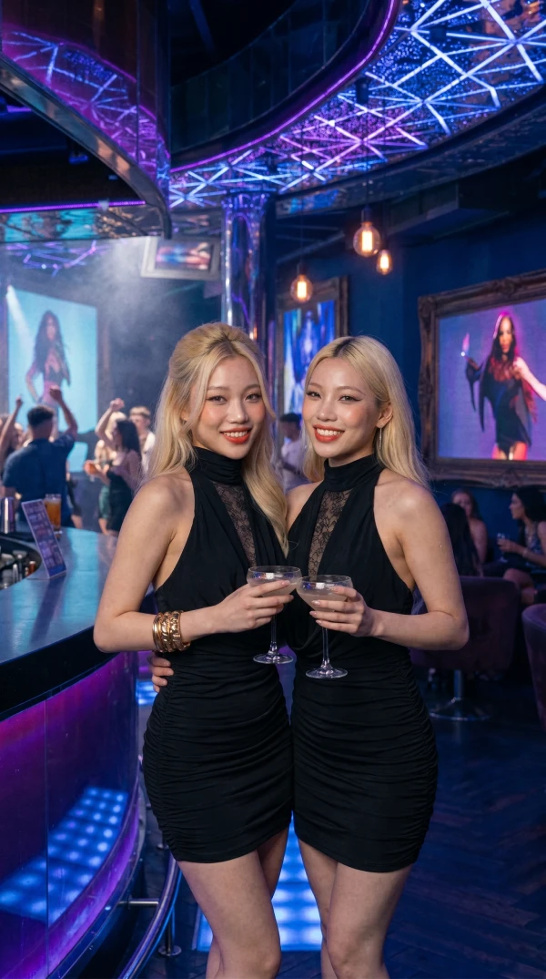 Iris and Ivy holding cocktails in matching black dresses at a nightclub