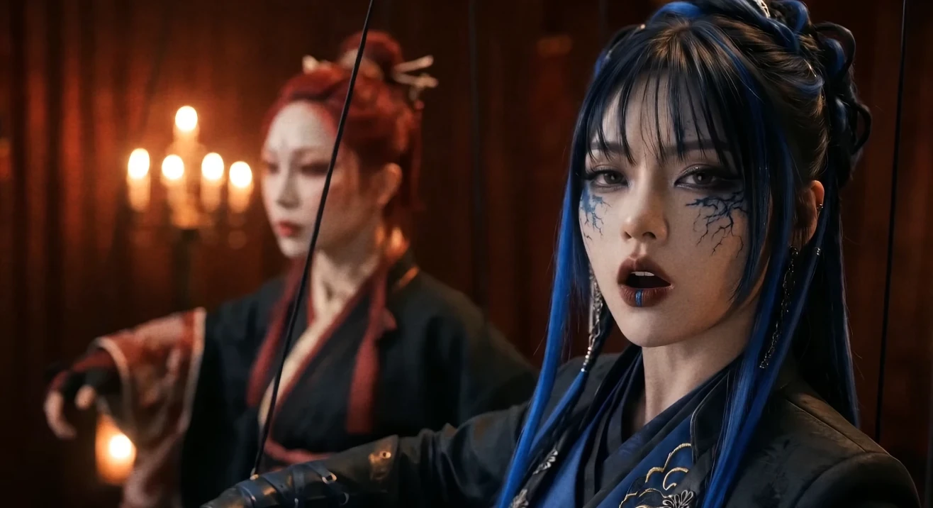 Miko in the foreground and Iris behind her, both suspended by marionette strings in a candlelit temple scene from Inside a Dream.