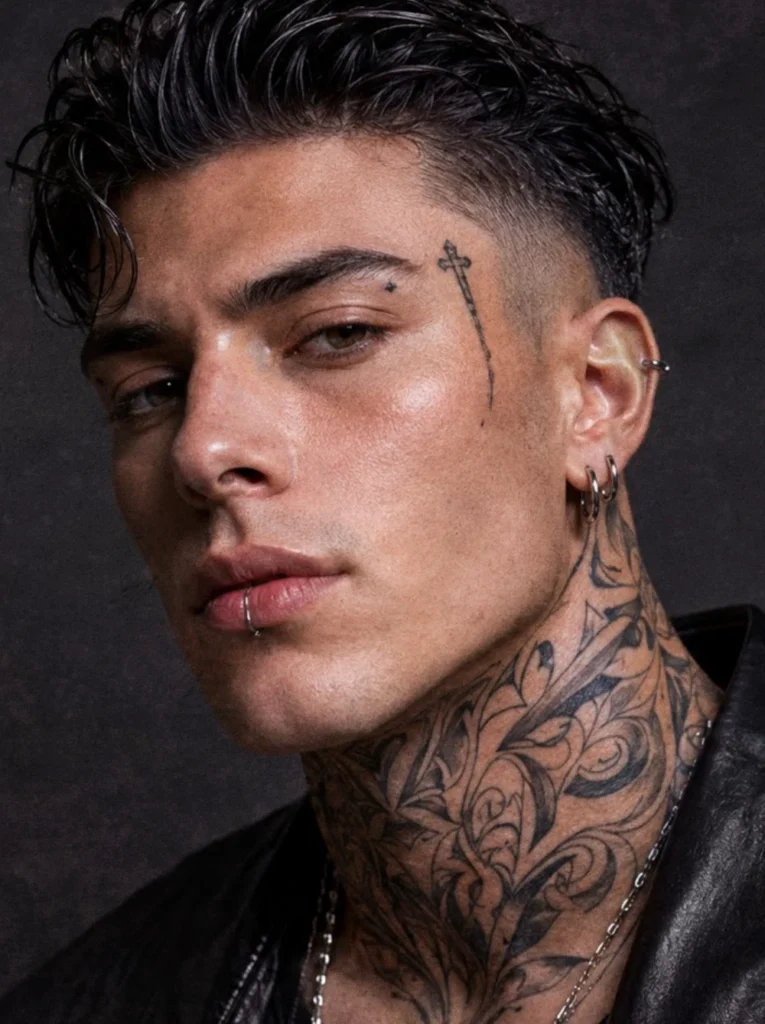 Close-up portrait of Stiles with dark hair and facial tattoos