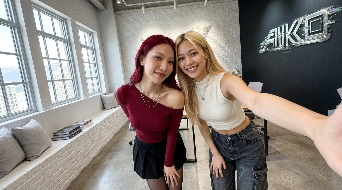 Iris and Ivy standing together in the AI (KO) studio after Ivy joins the group.