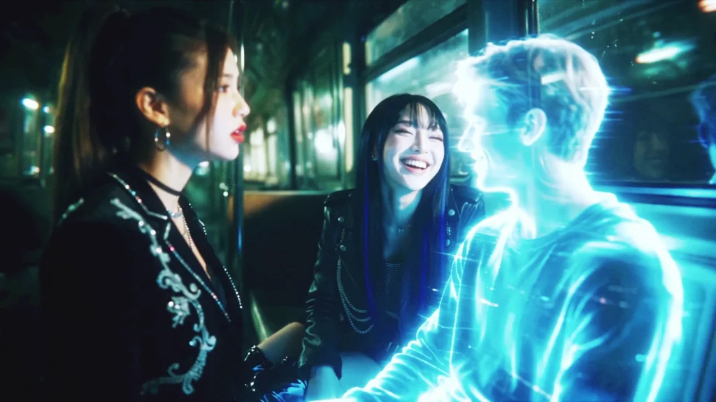 Lila and Miko from AI (KO) on a night subway beside the user's glowing hologram in the OFFLiNE music video
