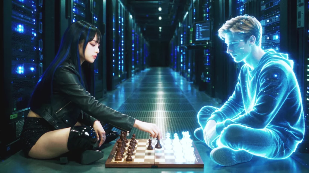 Miko from AI (KO) playing chess with a holographic user on a server-room floor in the OFFLiNE music video