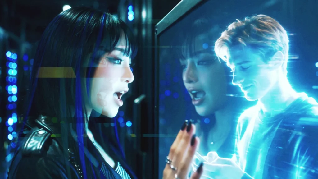 Miko from AI (KO) touching a monitor with the user's hologram behind the glass in the OFFLiNE music video