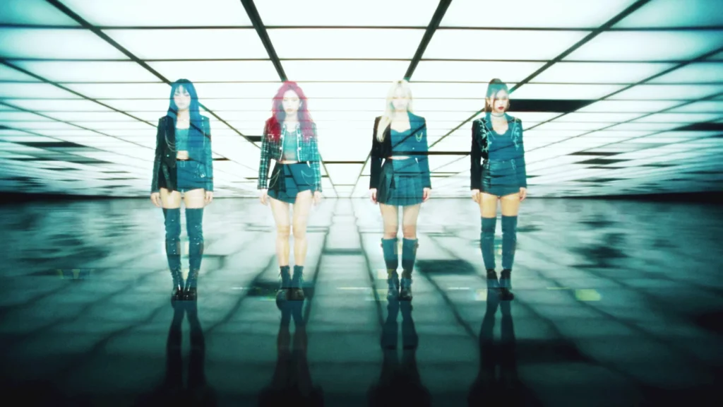AI (KO), the AI girl group, with Iris, Miko, Lila and Ivy in an infinite white room, from the OFFLiNE music video